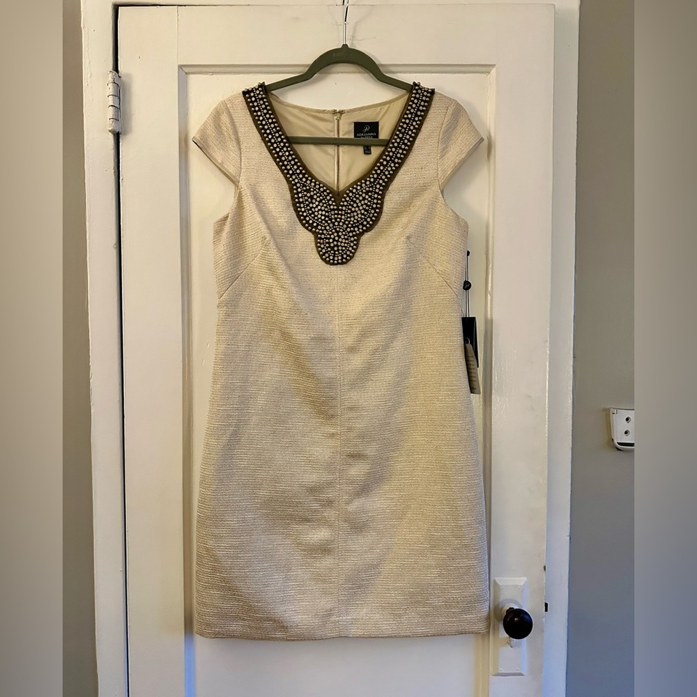 Adrianna Papell Embellished Cap Sleeve Shift Dress. Tan. Size 10. NWT.